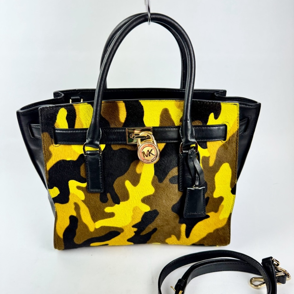 Michael Kors Calf Pony Hair Acid Yellow & Black Camouflage Tote Crossbody Strap